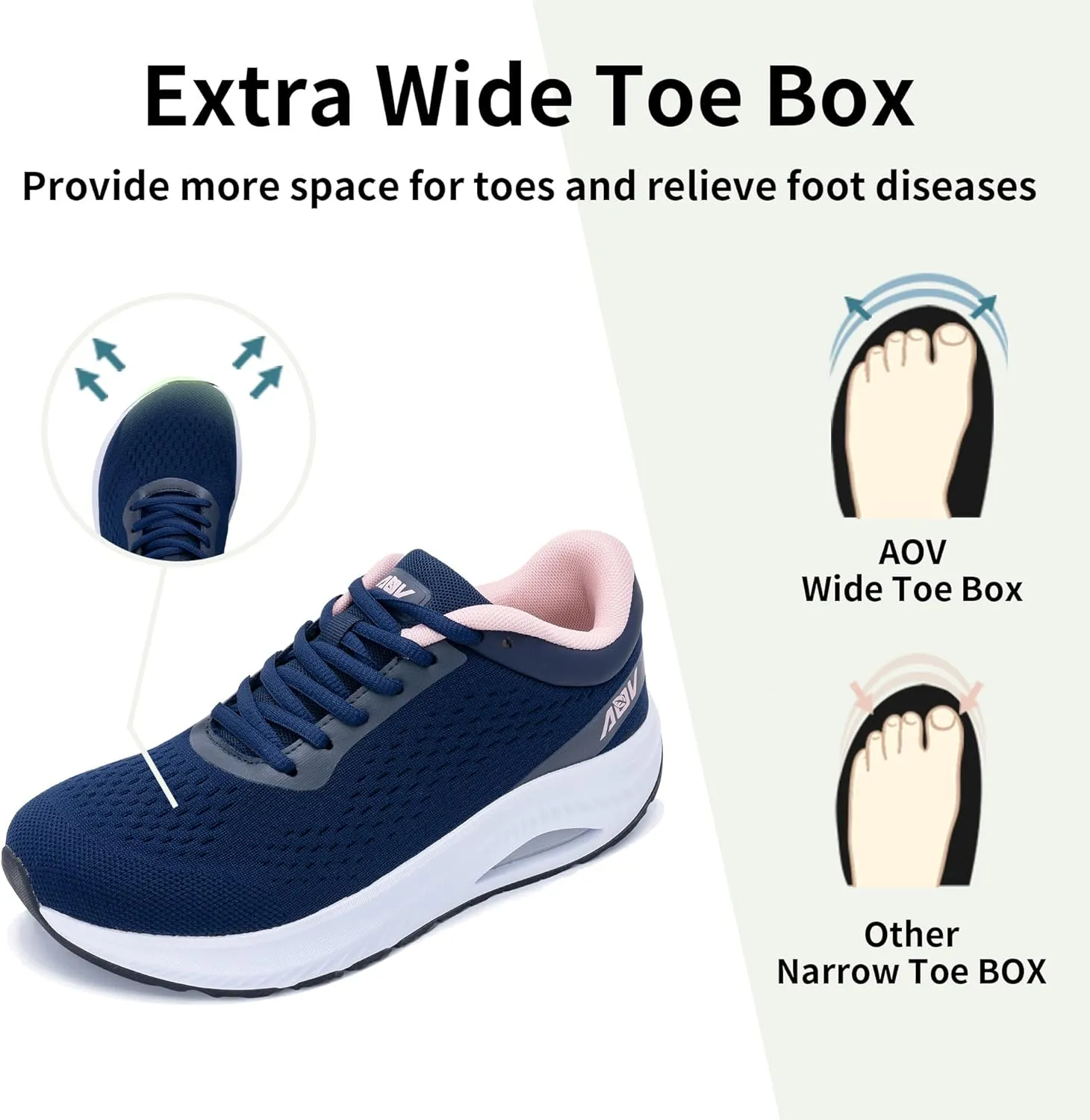 AOV Wide Toe Box Shoes Women Arch Support Walking Shoes for Plantar Fasciitis Orthotic Air Tennis Sneakers