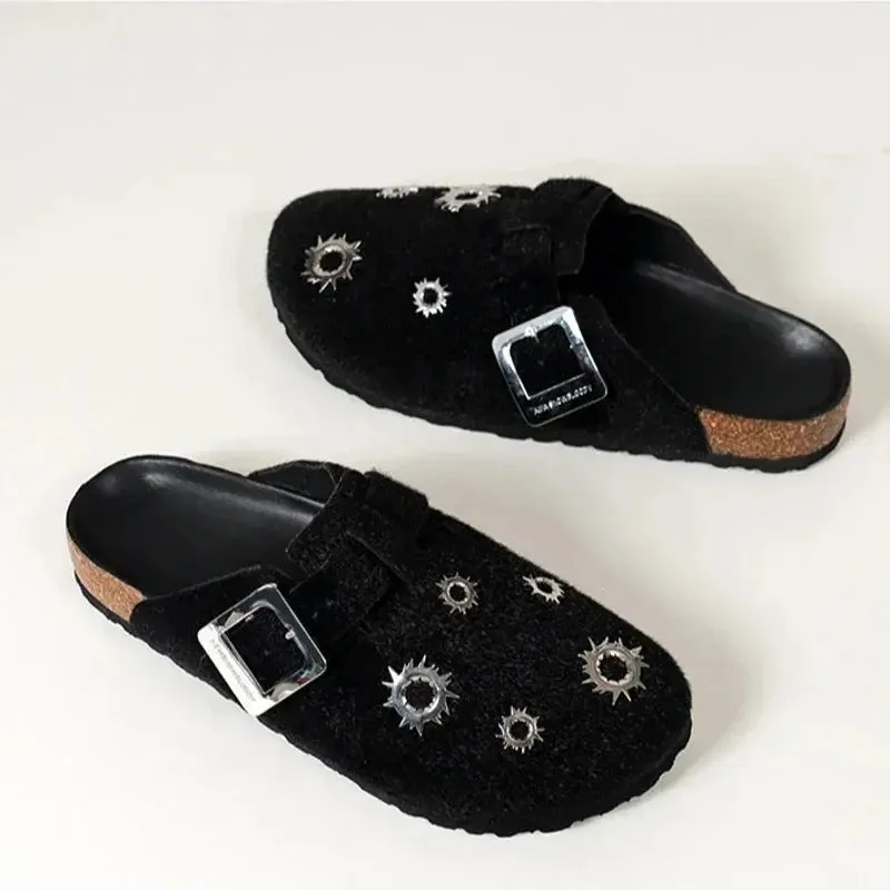 Black Grunge Bullet Rivet Mules Slippers