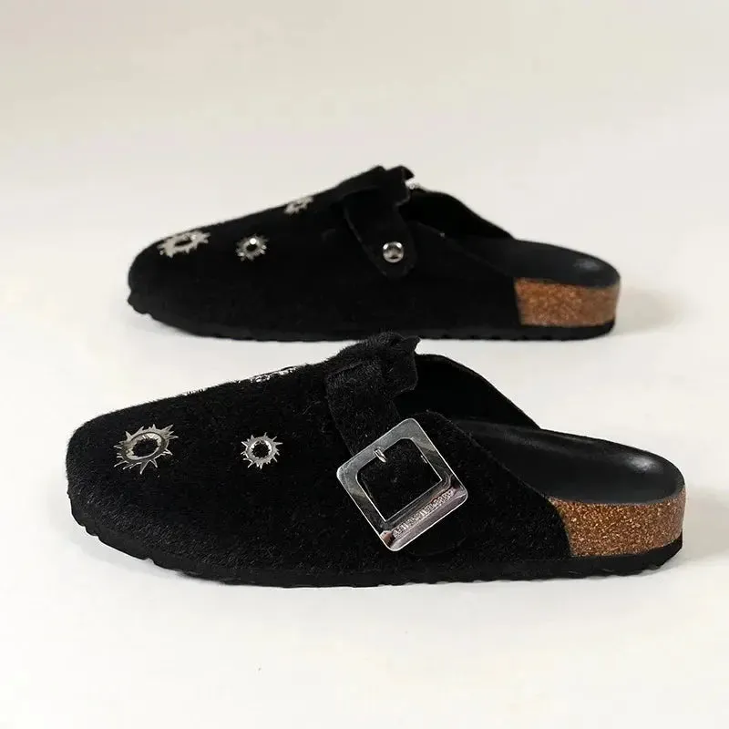 Black Grunge Bullet Rivet Mules Slippers