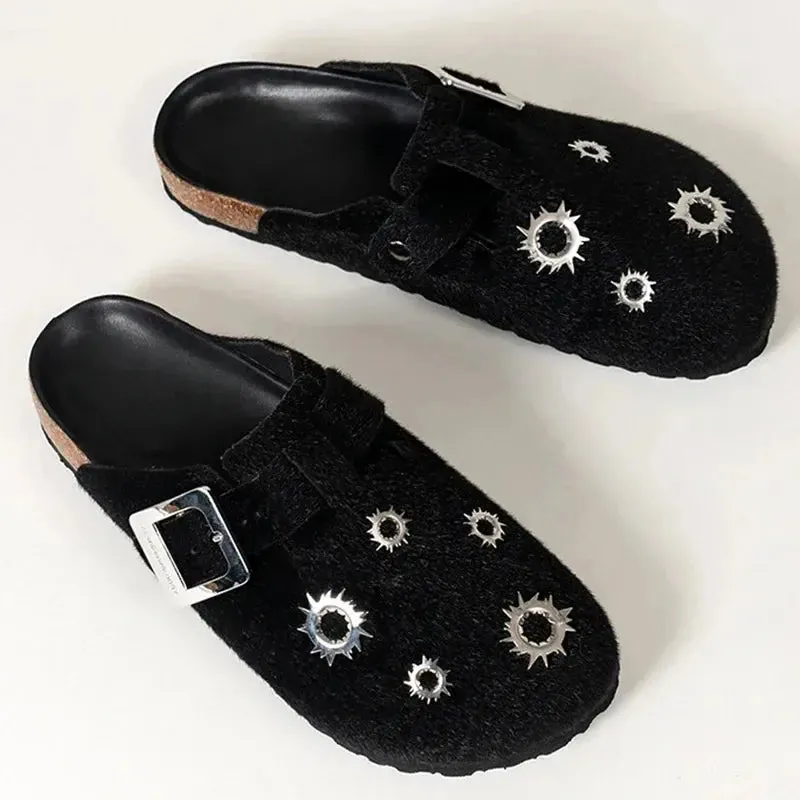 Black Grunge Bullet Rivet Mules Slippers