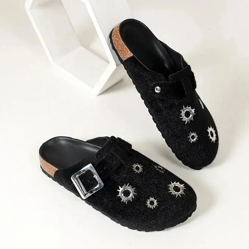 Black Grunge Bullet Rivet Mules Slippers