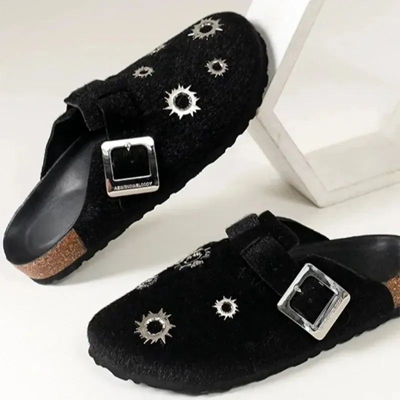 Black Grunge Bullet Rivet Mules Slippers