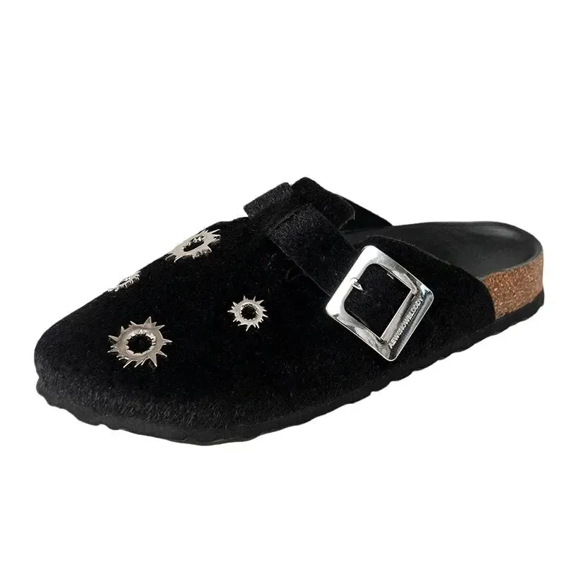 Black Grunge Bullet Rivet Mules Slippers
