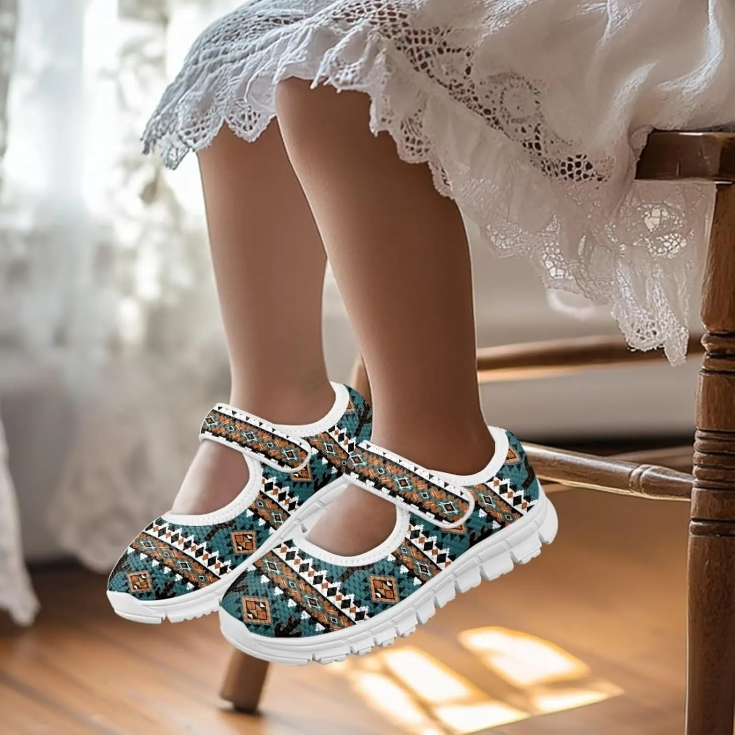 chaqlin Kids Dress Shoes Boho Aztec Stripes Non Slip Casual Sneaker Mary Jane Boys Girls Breathable Mesh Walking Strap Shoes
