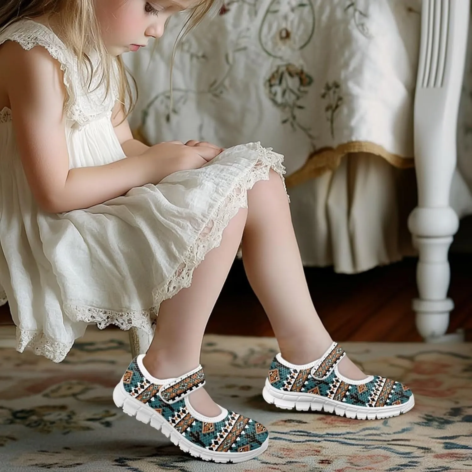 chaqlin Kids Dress Shoes Boho Aztec Stripes Non Slip Casual Sneaker Mary Jane Boys Girls Breathable Mesh Walking Strap Shoes