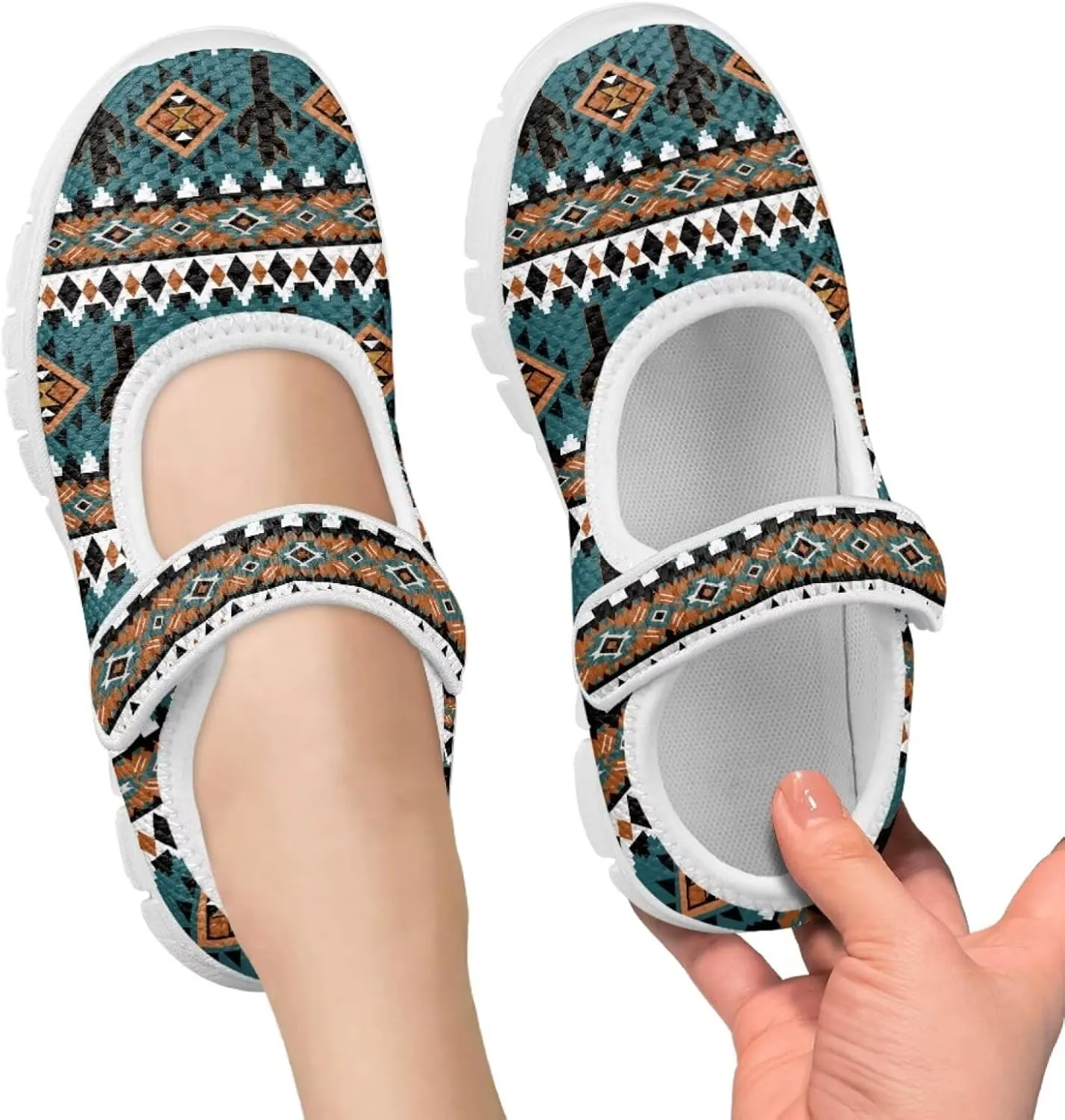chaqlin Kids Dress Shoes Boho Aztec Stripes Non Slip Casual Sneaker Mary Jane Boys Girls Breathable Mesh Walking Strap Shoes