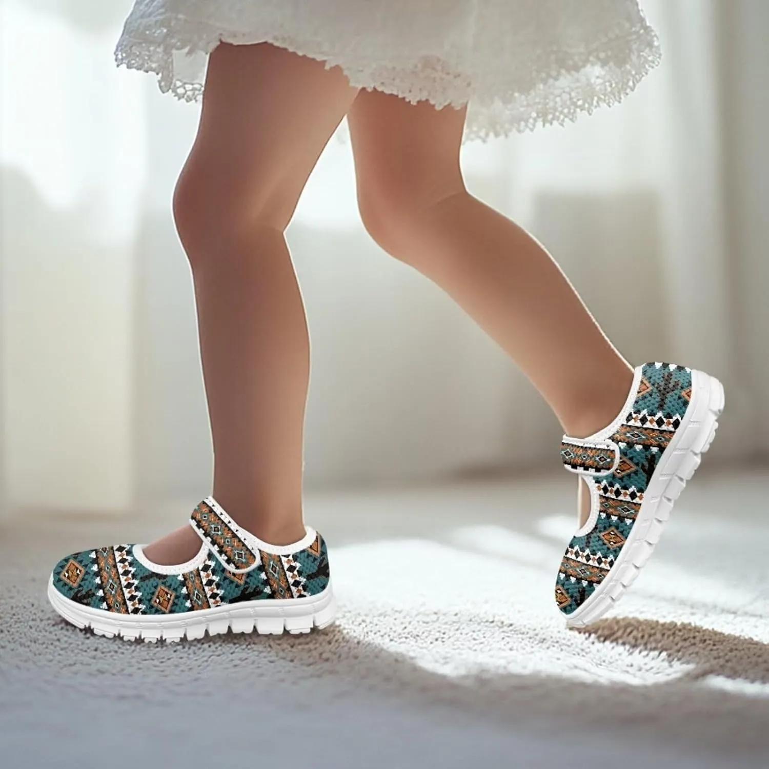 chaqlin Kids Dress Shoes Boho Aztec Stripes Non Slip Casual Sneaker Mary Jane Boys Girls Breathable Mesh Walking Strap Shoes