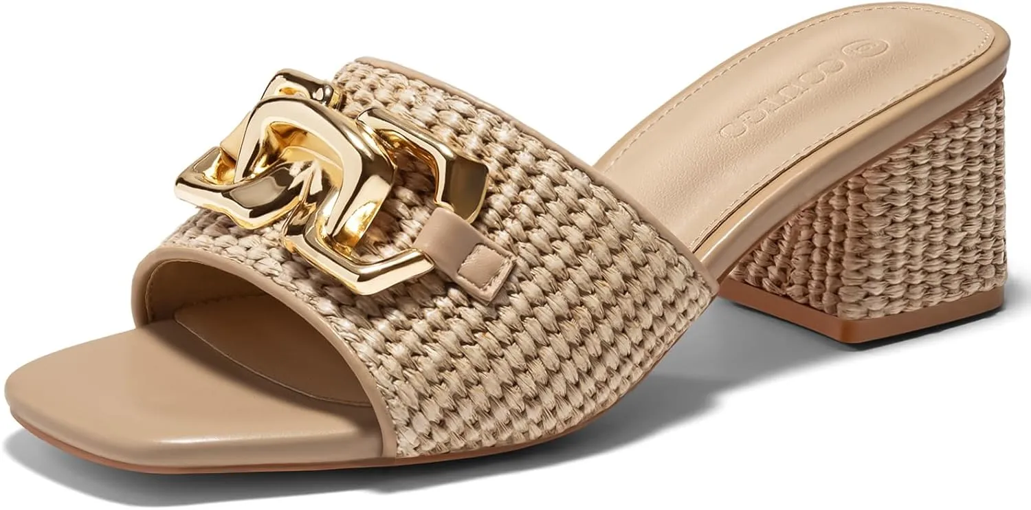 Coutgo Womens Raffia Slide Sandals Chunky Block Heeled Square Open Toe Metal Chain Slip on Mules Dressy Shoes