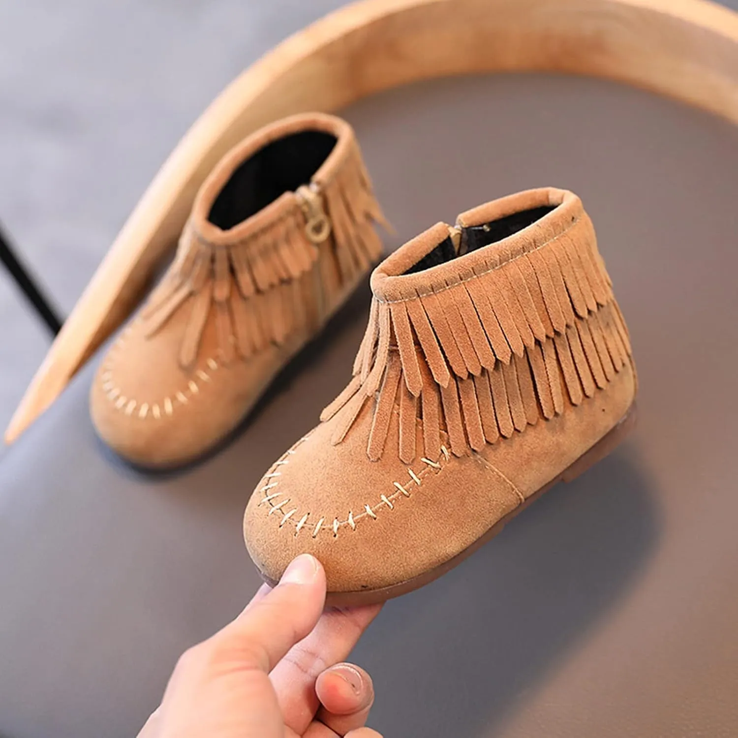 EnJoCho Boots for Kids 12M-6Years Little Girls Tassel Suede Ankle Boots Side Zipper Short Booties Winter Snow Boot