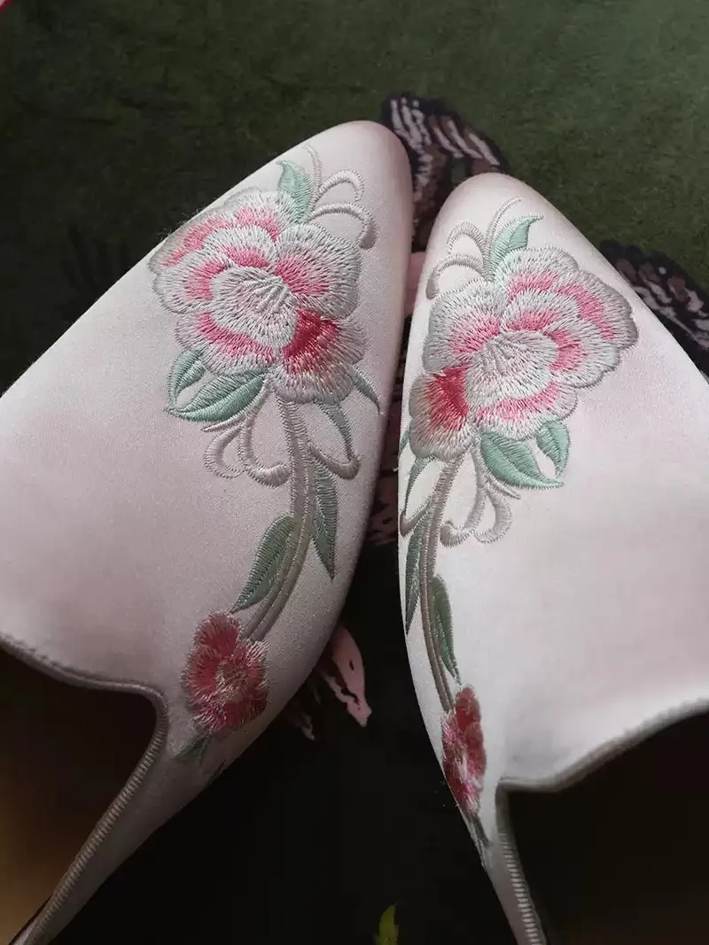 Floral Embroidered Satin Mules - Handmade Vintage Inspired Shoes