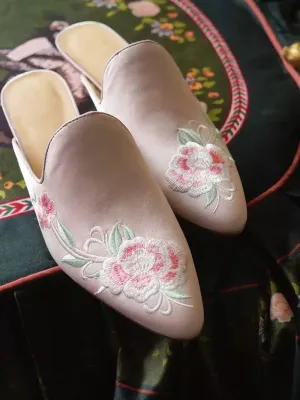 Floral Embroidered Satin Mules - Handmade Vintage Inspired Shoes