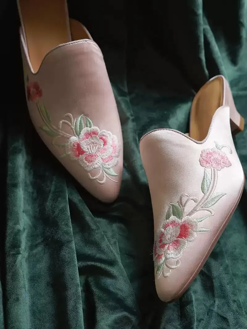 Floral Embroidered Satin Mules - Handmade Vintage Inspired Shoes