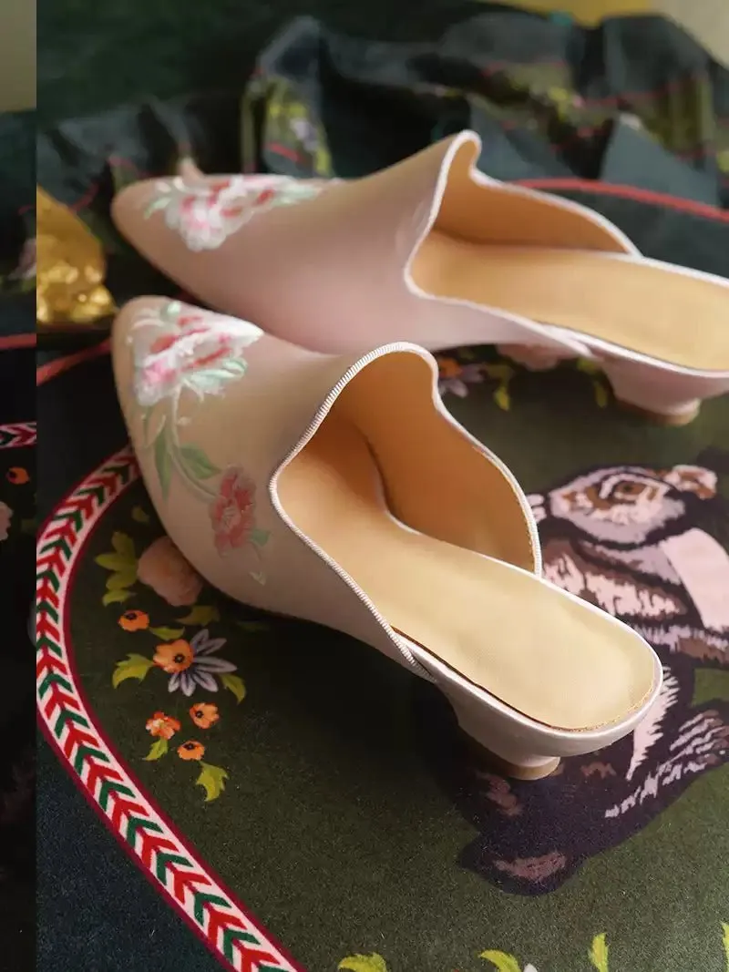 Floral Embroidered Satin Mules - Handmade Vintage Inspired Shoes