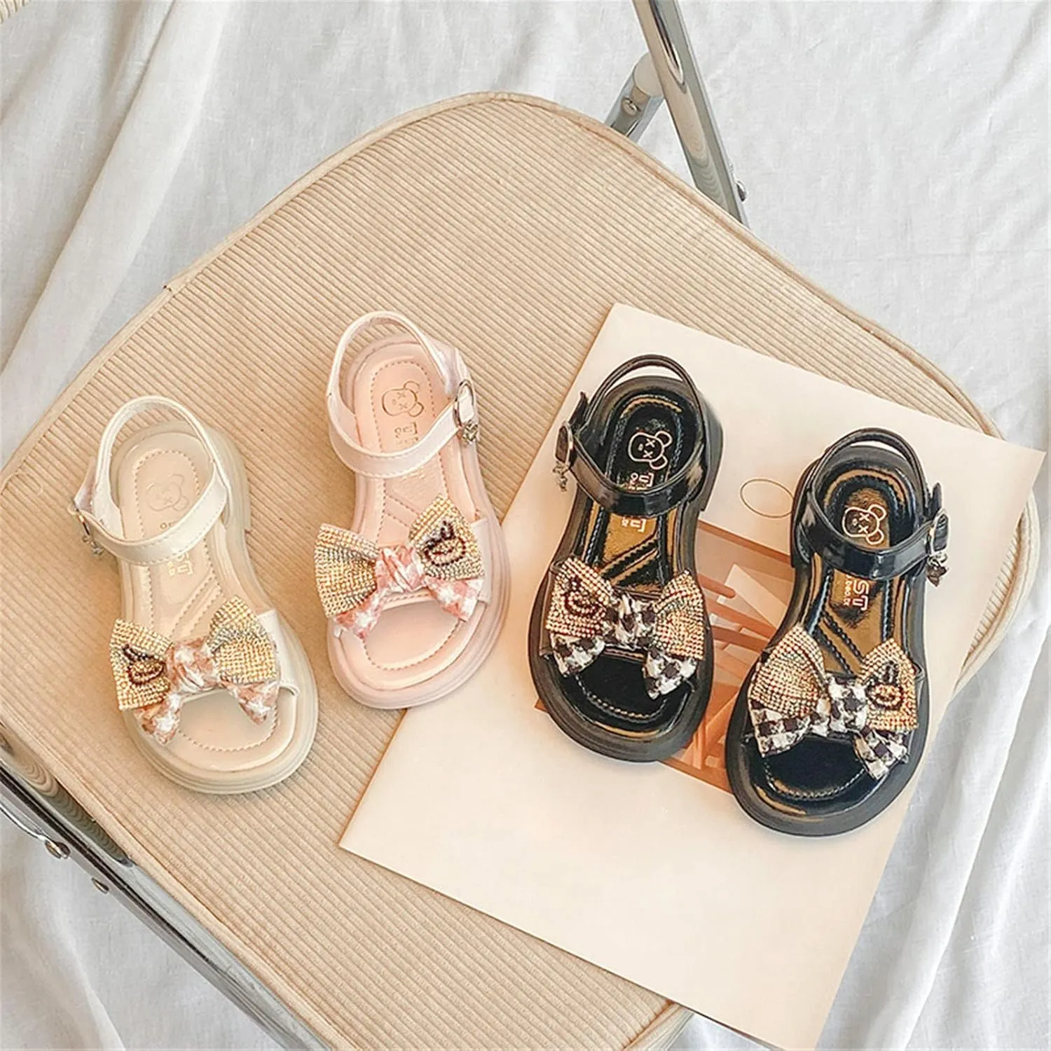 Girls Leather Rhinestones Bow Design Soft Toe Princess Dress Flat Fashion Winter Toddler Shoes Girls