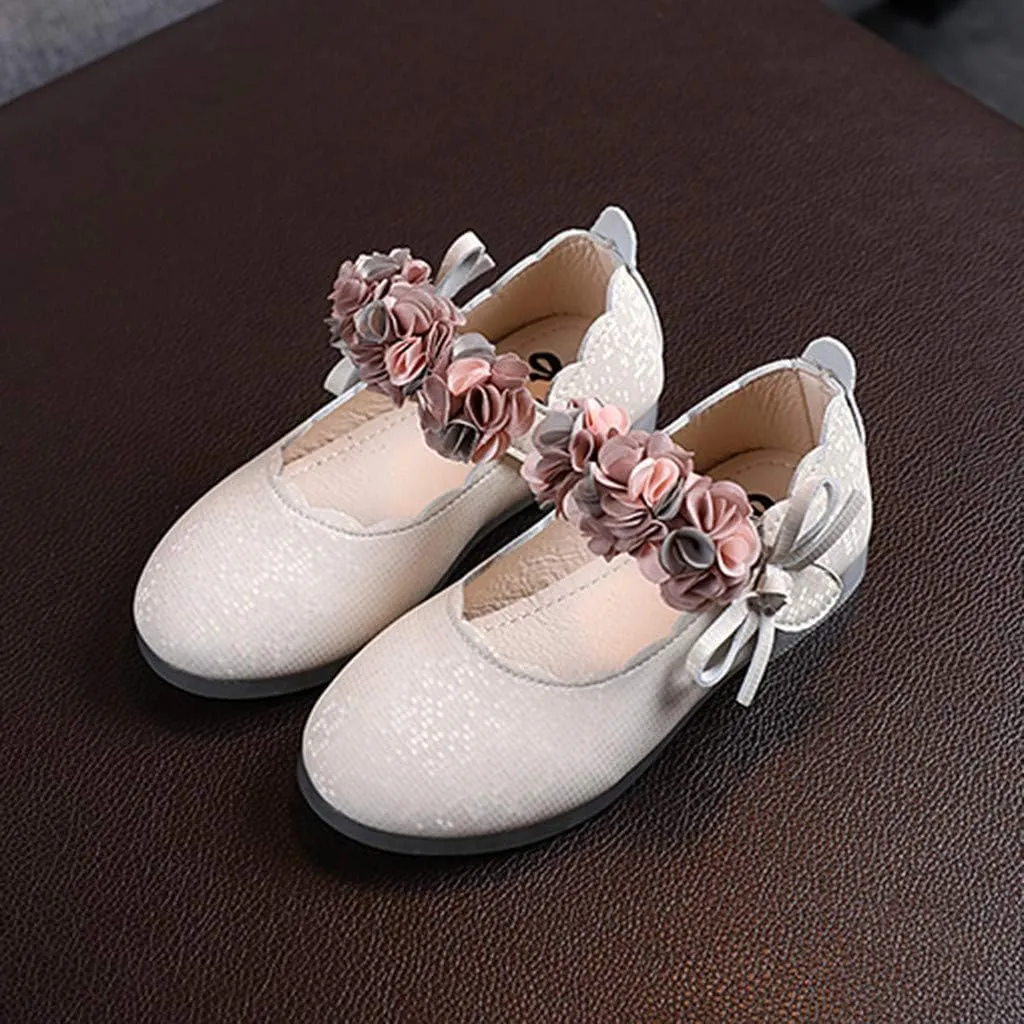 Girls Mary Jane Dress Shoes Flowers Strap Bows Flower Girl Wedding Low Heels Little Girls Low Heel Pump Shoes