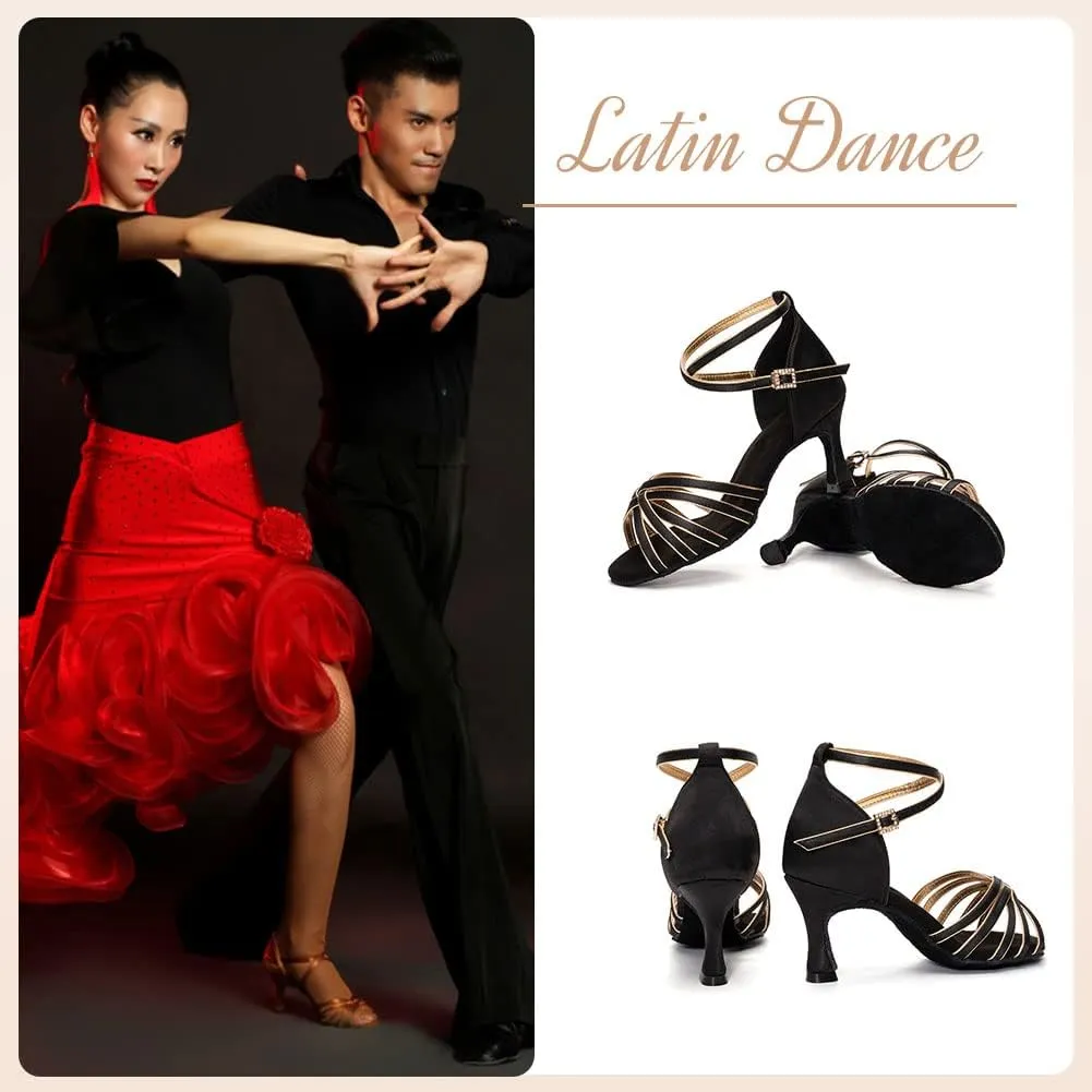 HROYL Women's Latin Dance Shoes Satin Professional Ballroom Salsa Practice Performance Dance Shoes EM-213