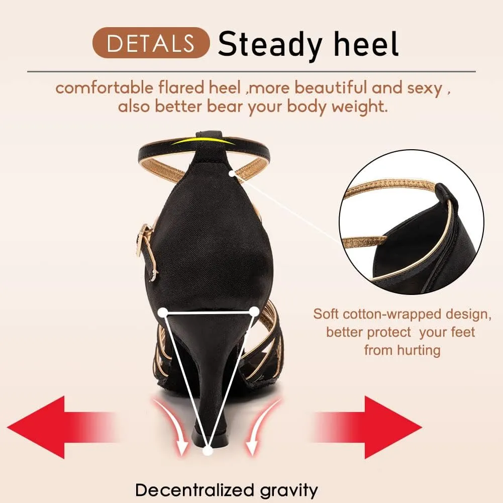 HROYL Women's Latin Dance Shoes Satin Professional Ballroom Salsa Practice Performance Dance Shoes EM-213