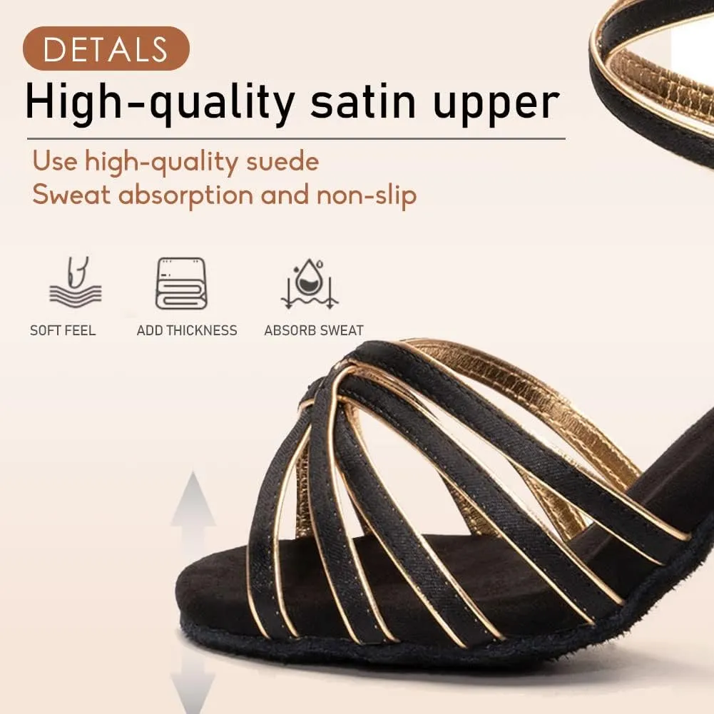 HROYL Women's Latin Dance Shoes Satin Professional Ballroom Salsa Practice Performance Dance Shoes EM-213