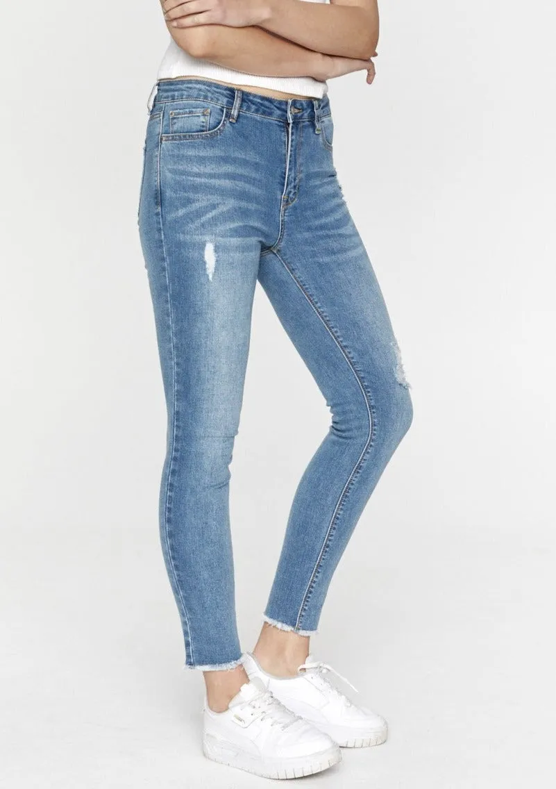 Lucia High Waist Jeans - Mid Blue (distressed)