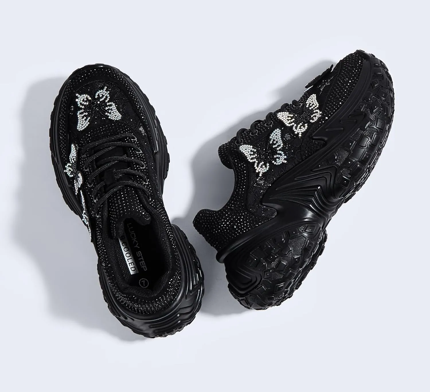 LUCKY STEP Women's Chunky Sneakers Platform Fashion Rhinestone Sparkly Dad Walking Shoes Butterfly Lace Wedge Casual Shiny Thick Sole Footwear