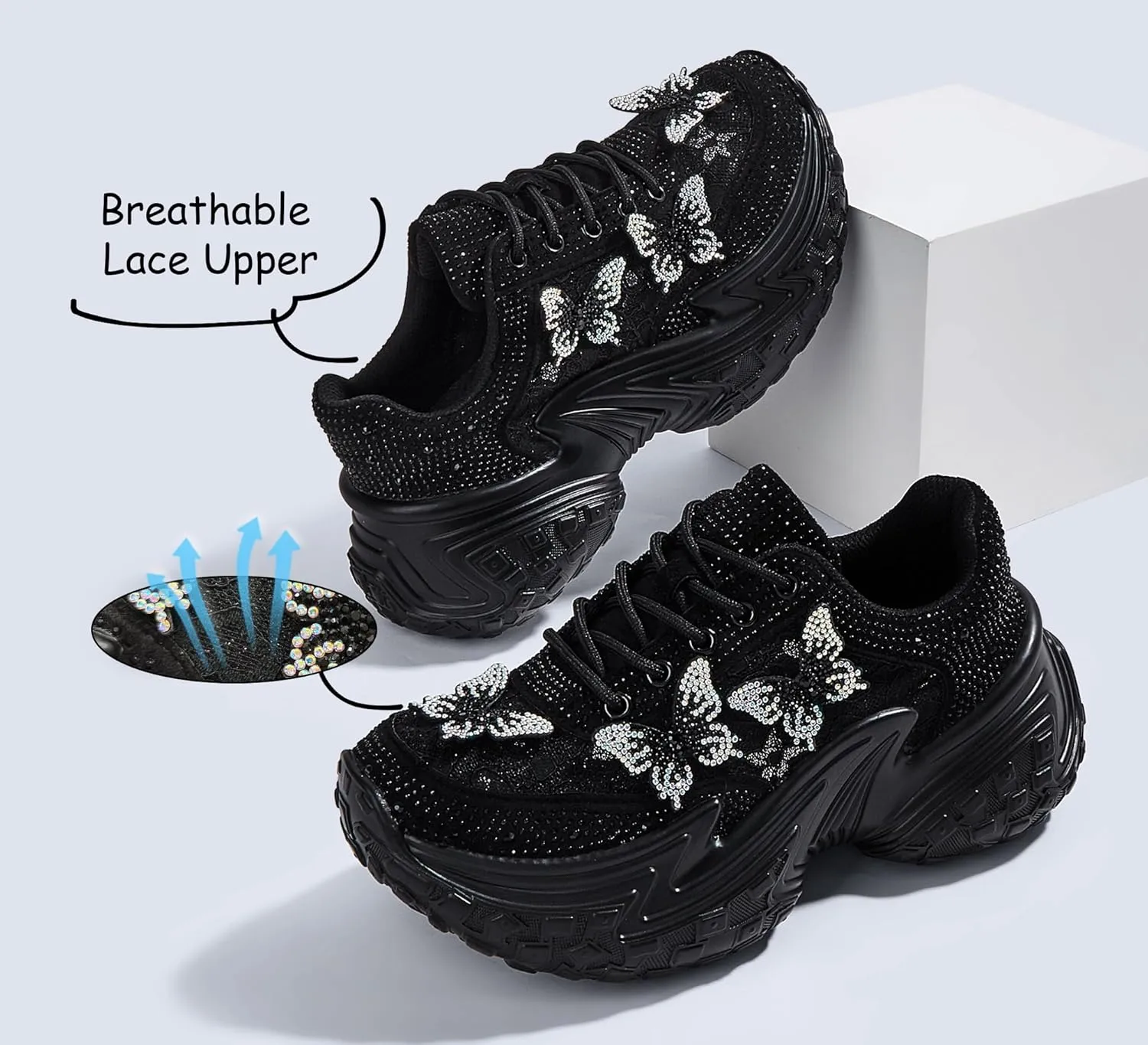 LUCKY STEP Women's Chunky Sneakers Platform Fashion Rhinestone Sparkly Dad Walking Shoes Butterfly Lace Wedge Casual Shiny Thick Sole Footwear