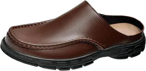 Men's Genuine Leather Lug Sole Dress Mules Comfort Wide Round Toe Soft Bottom Non Slip Slip-On Casual Slides Sandals for Office Daily Walking