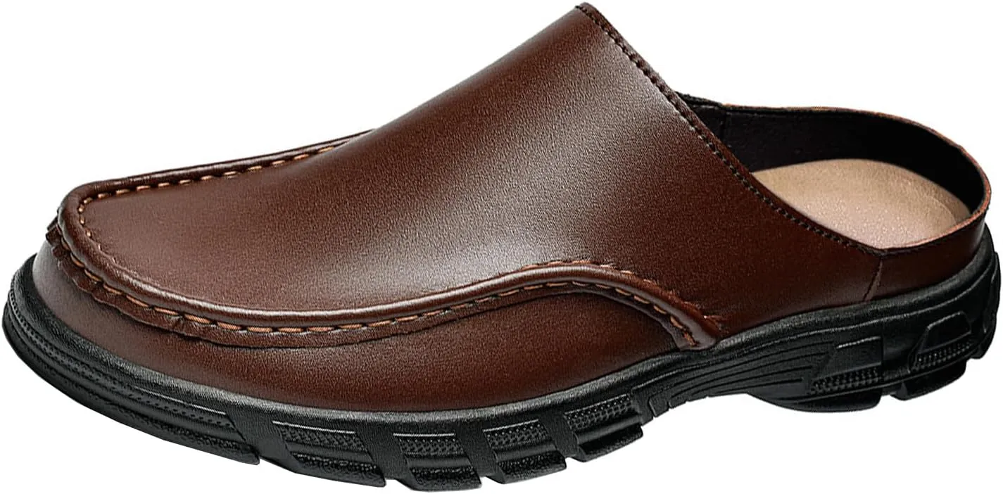 Men's Genuine Leather Lug Sole Dress Mules Comfort Wide Round Toe Soft Bottom Non Slip Slip-On Casual Slides Sandals for Office Daily Walking