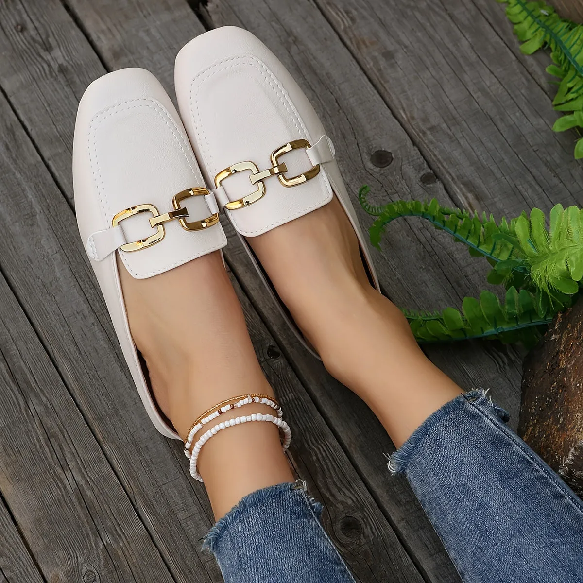 Metalen muiltjes met gesp voor dames, outdoor loafers met vierkante teen
