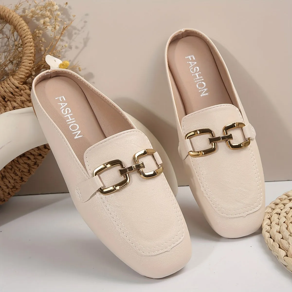 Metalen muiltjes met gesp voor dames, outdoor loafers met vierkante teen