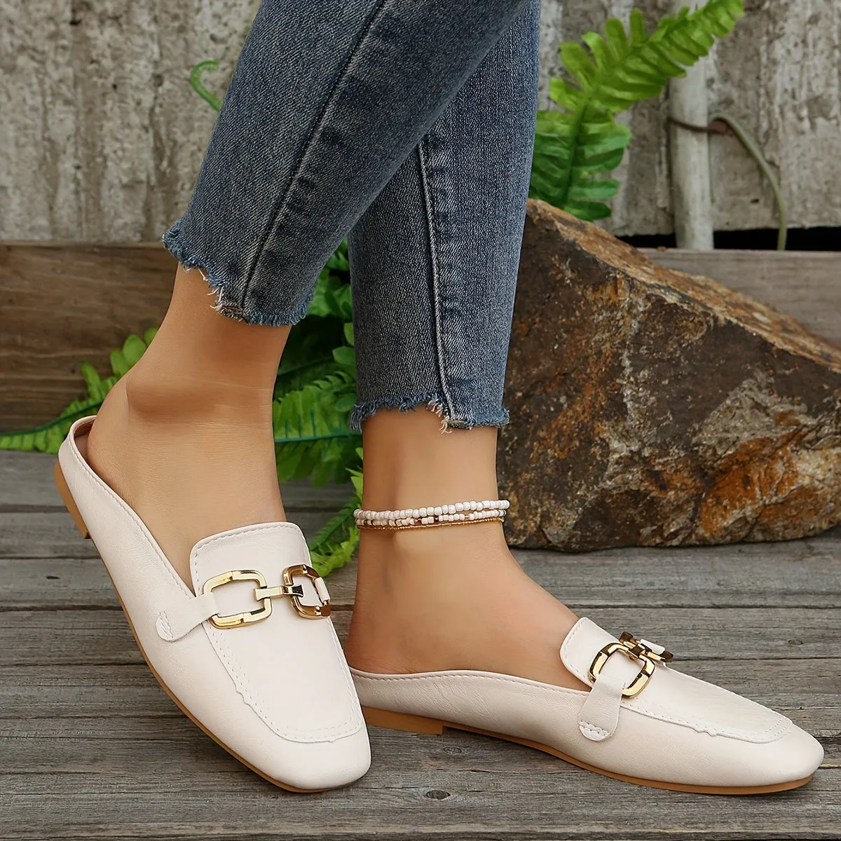 Metalen muiltjes met gesp voor dames, outdoor loafers met vierkante teen