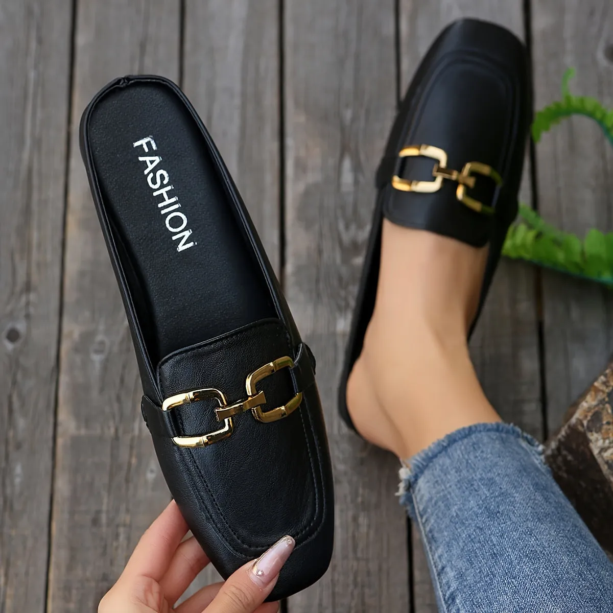 Metalen muiltjes met gesp voor dames, outdoor loafers met vierkante teen