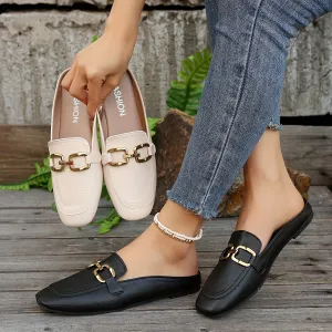 Metalen muiltjes met gesp voor dames, outdoor loafers met vierkante teen
