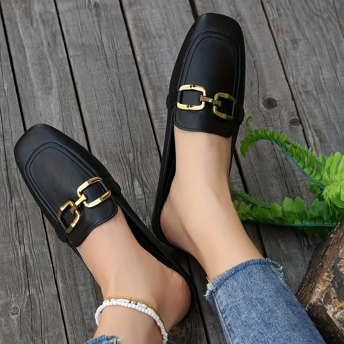 Metalen muiltjes met gesp voor dames, outdoor loafers met vierkante teen