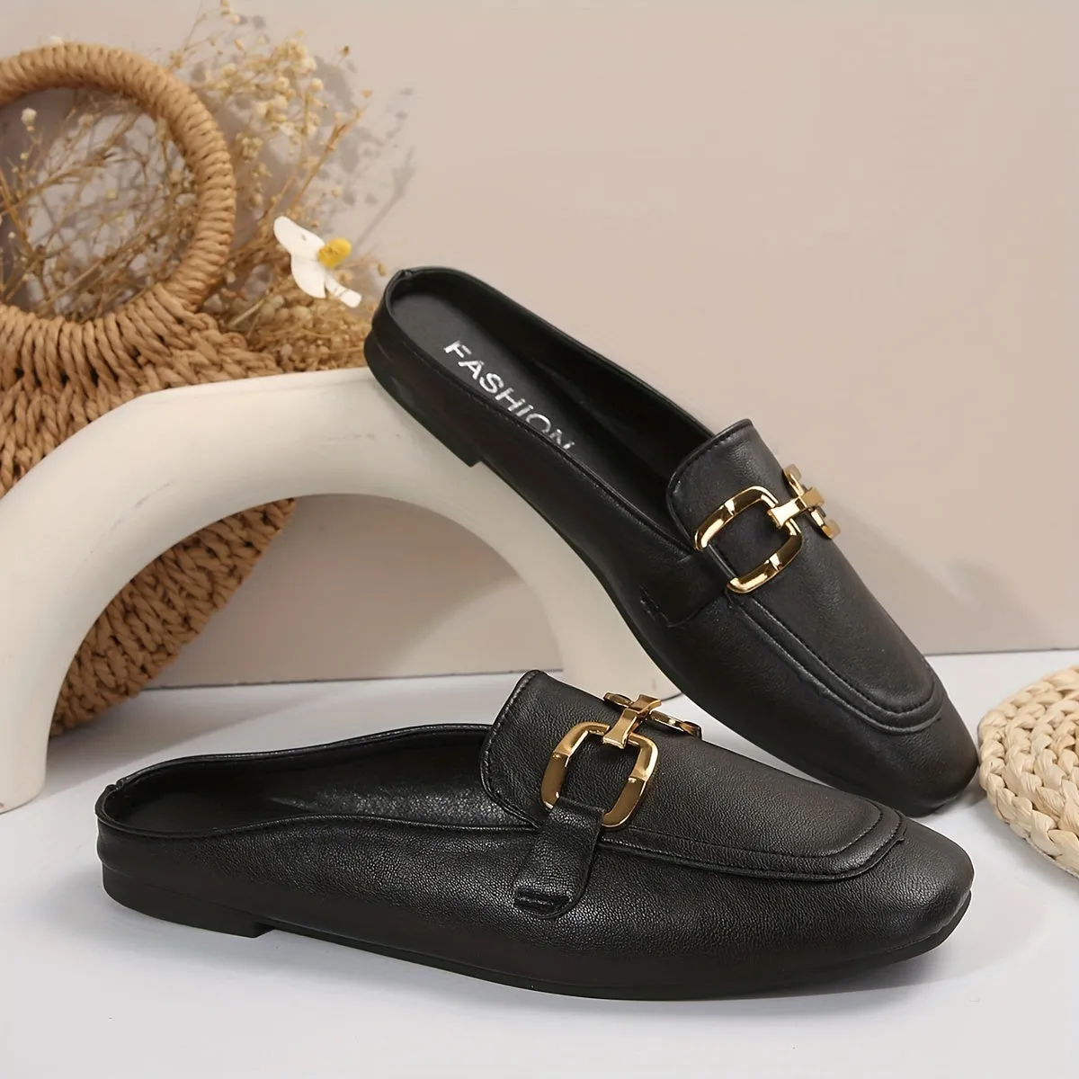 Metalen muiltjes met gesp voor dames, outdoor loafers met vierkante teen