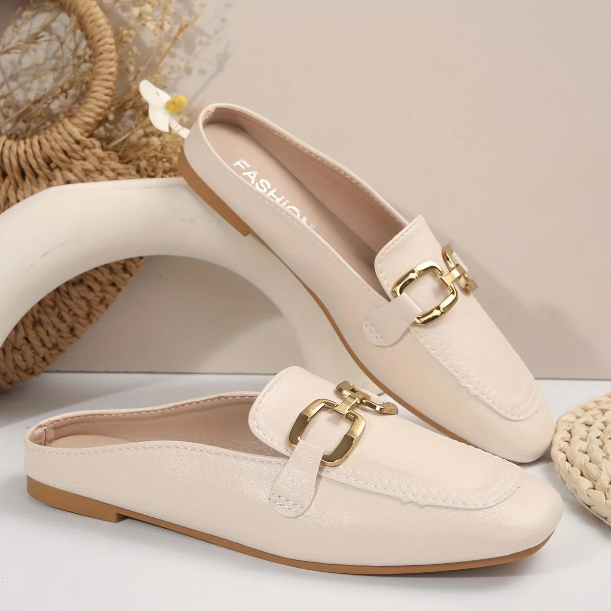Metalen muiltjes met gesp voor dames, outdoor loafers met vierkante teen