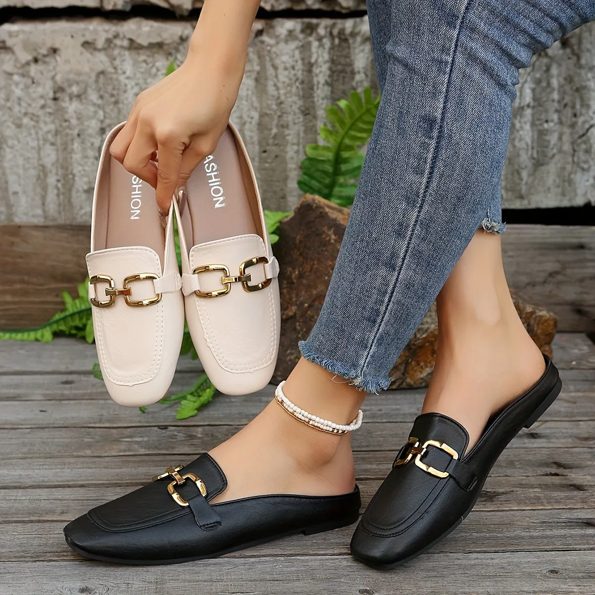 Metalen muiltjes met gesp voor dames, outdoor loafers met vierkante teen
