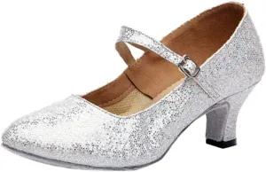 Mid-High Heels Glitter Dance Shoes Women Ballroom Latin Tango Dance Shoes Sandals Flat (White, 6.5)