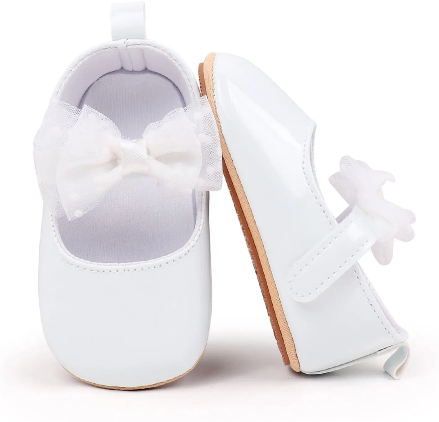 Newborn Baby Girl Leather Dress Shoes Infant Prewalker Mary Jane with Bowknot Lightweight Anti-Slip Princess Flats
