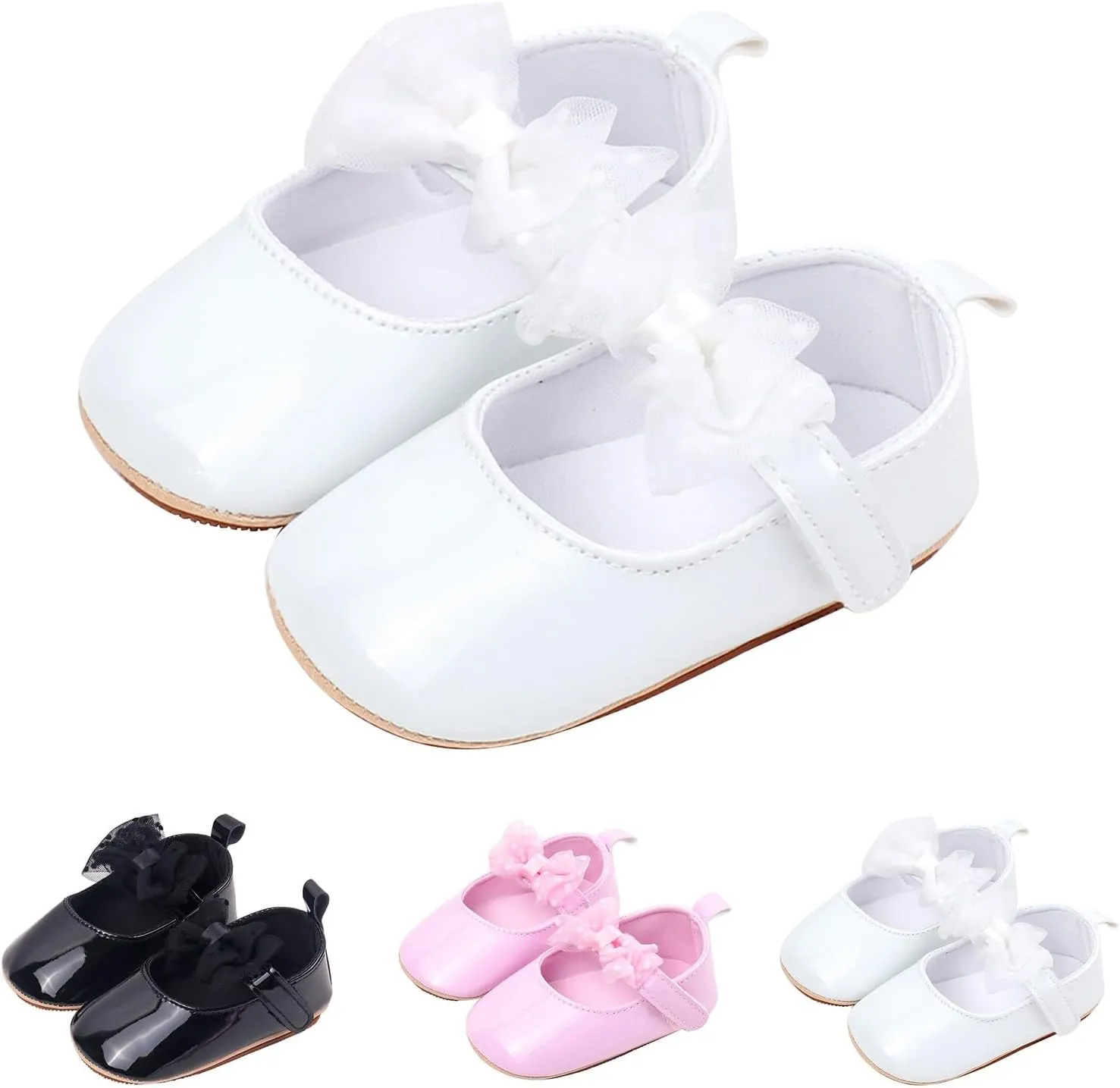 Newborn Baby Girl Leather Dress Shoes Infant Prewalker Mary Jane with Bowknot Lightweight Anti-Slip Princess Flats