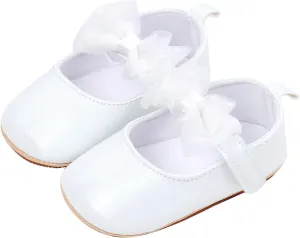 Newborn Baby Girl Leather Dress Shoes Infant Prewalker Mary Jane with Bowknot Lightweight Anti-Slip Princess Flats