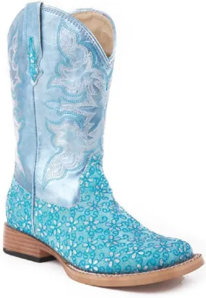 Roper Girls Kids Childs Bling Turquoise Blue Glitter Floral Cowboy Cowgirl Boots (Size 10)