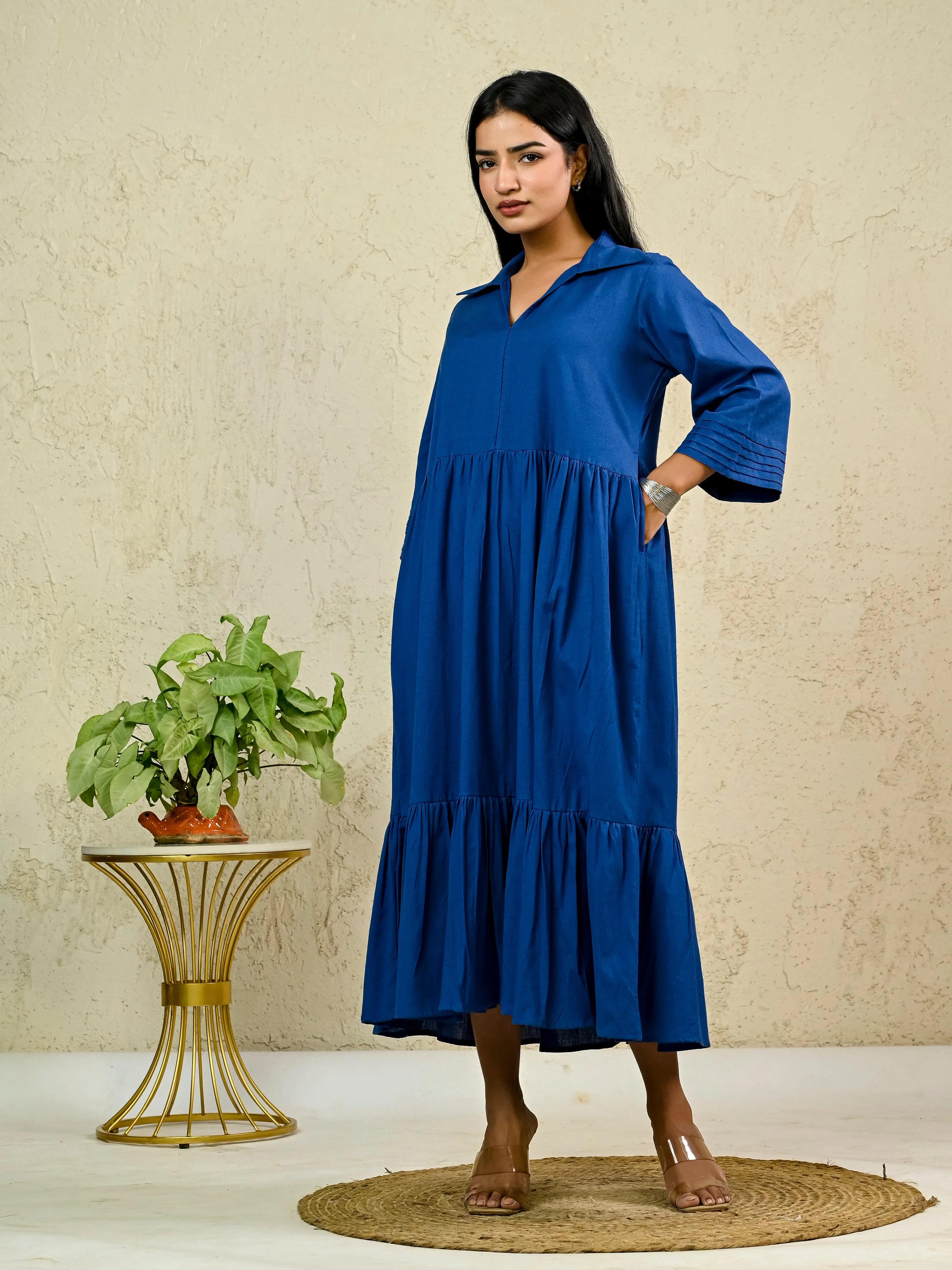 ROYAL BLUE COTTON LONG TIER DRESS