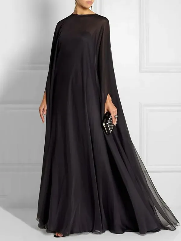 Simple Two Pieces Inner Slip Dress See Through Outer Cape Maxi Dress