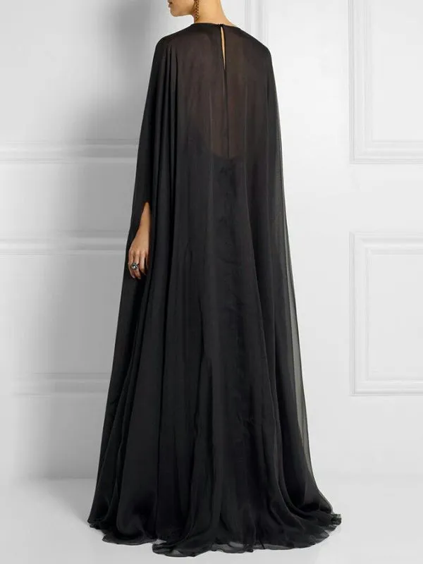 Simple Two Pieces Inner Slip Dress See Through Outer Cape Maxi Dress