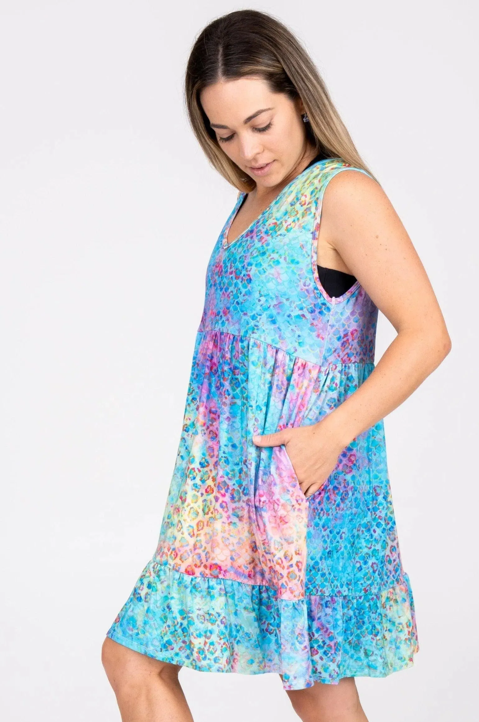 Slinky To Touch Sleeveless Baby Doll Tiered V Neck Mini Dress - Mermaid Jag