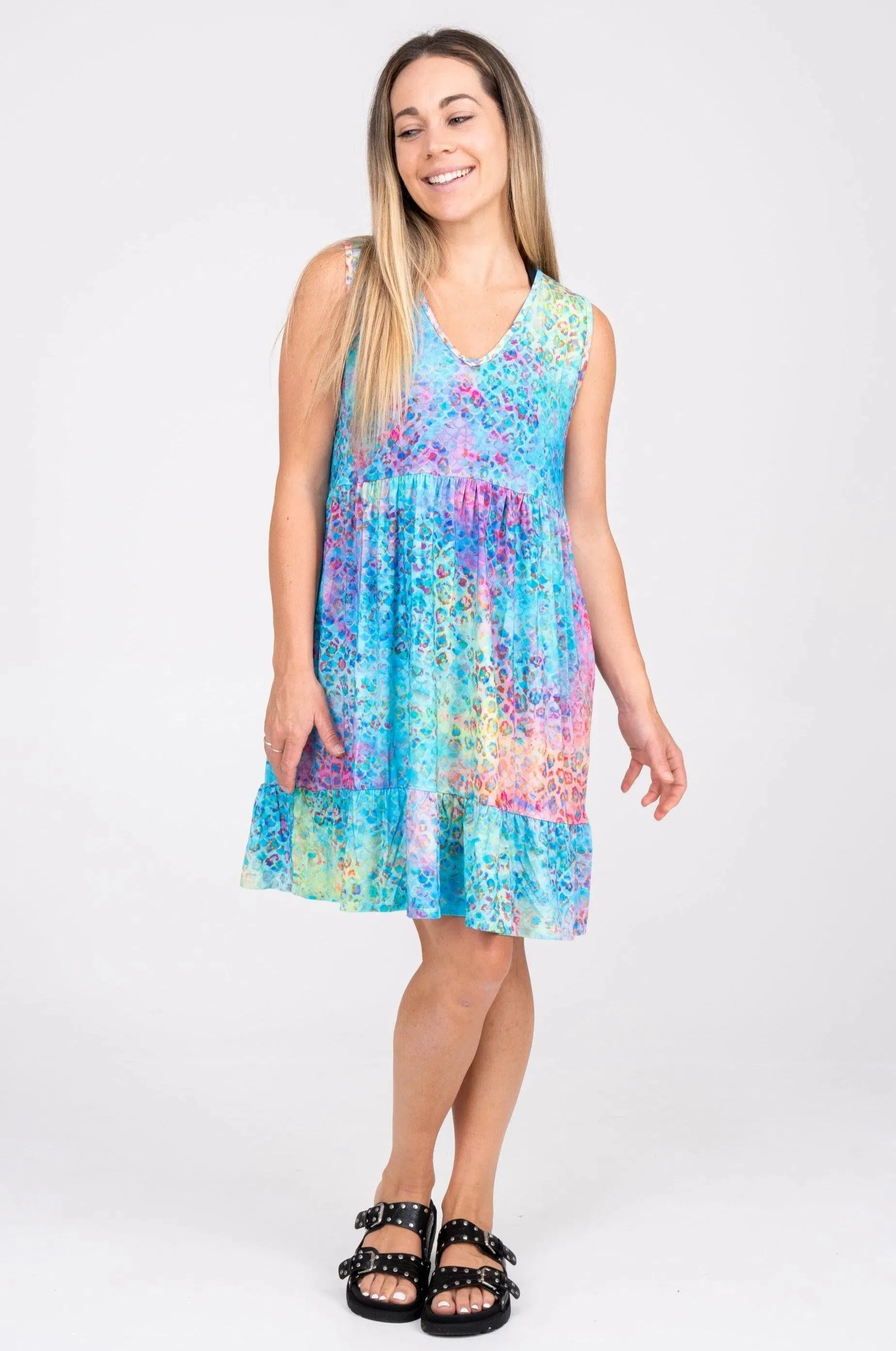 Slinky To Touch Sleeveless Baby Doll Tiered V Neck Mini Dress - Mermaid Jag
