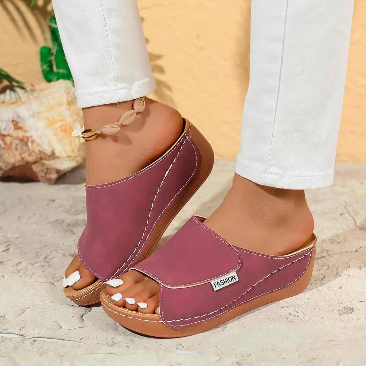 Slippers for Women Summer Beach Platform Sandals Slip on Wide Width Sandals Leather Wedge Slippers Walking Shoes