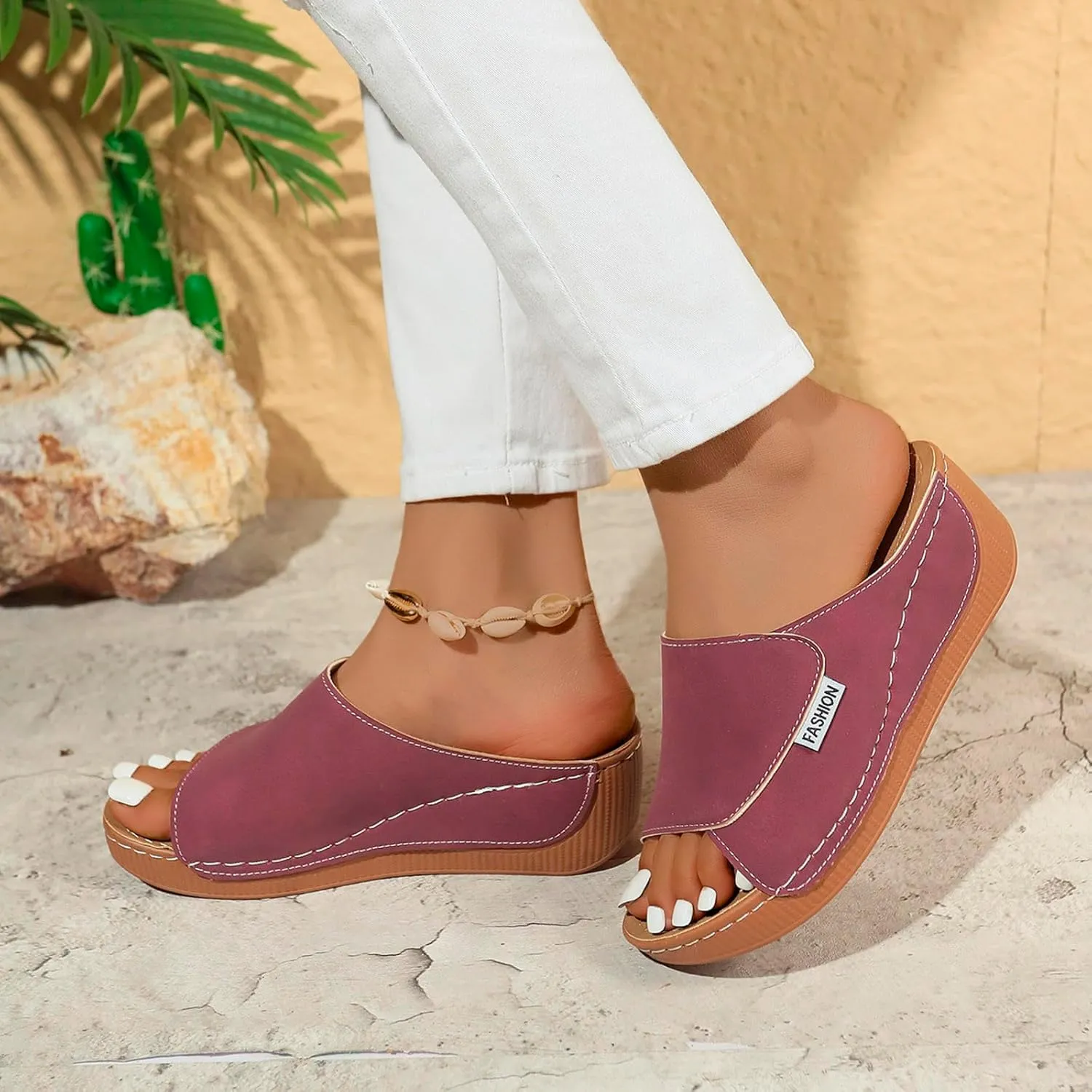 Slippers for Women Summer Beach Platform Sandals Slip on Wide Width Sandals Leather Wedge Slippers Walking Shoes