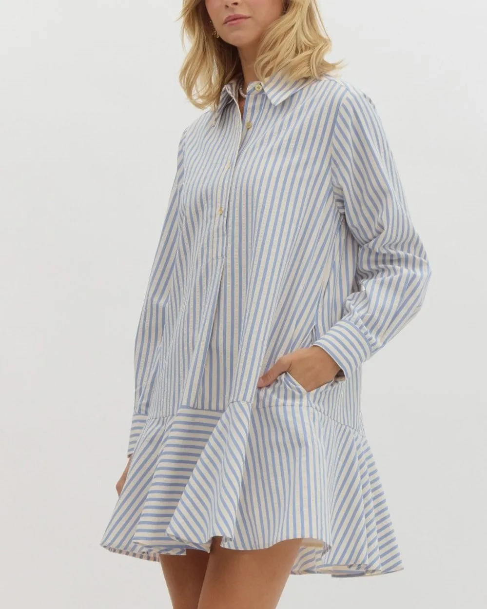 Stripe Long Sleeve Mini Dress - Blue
