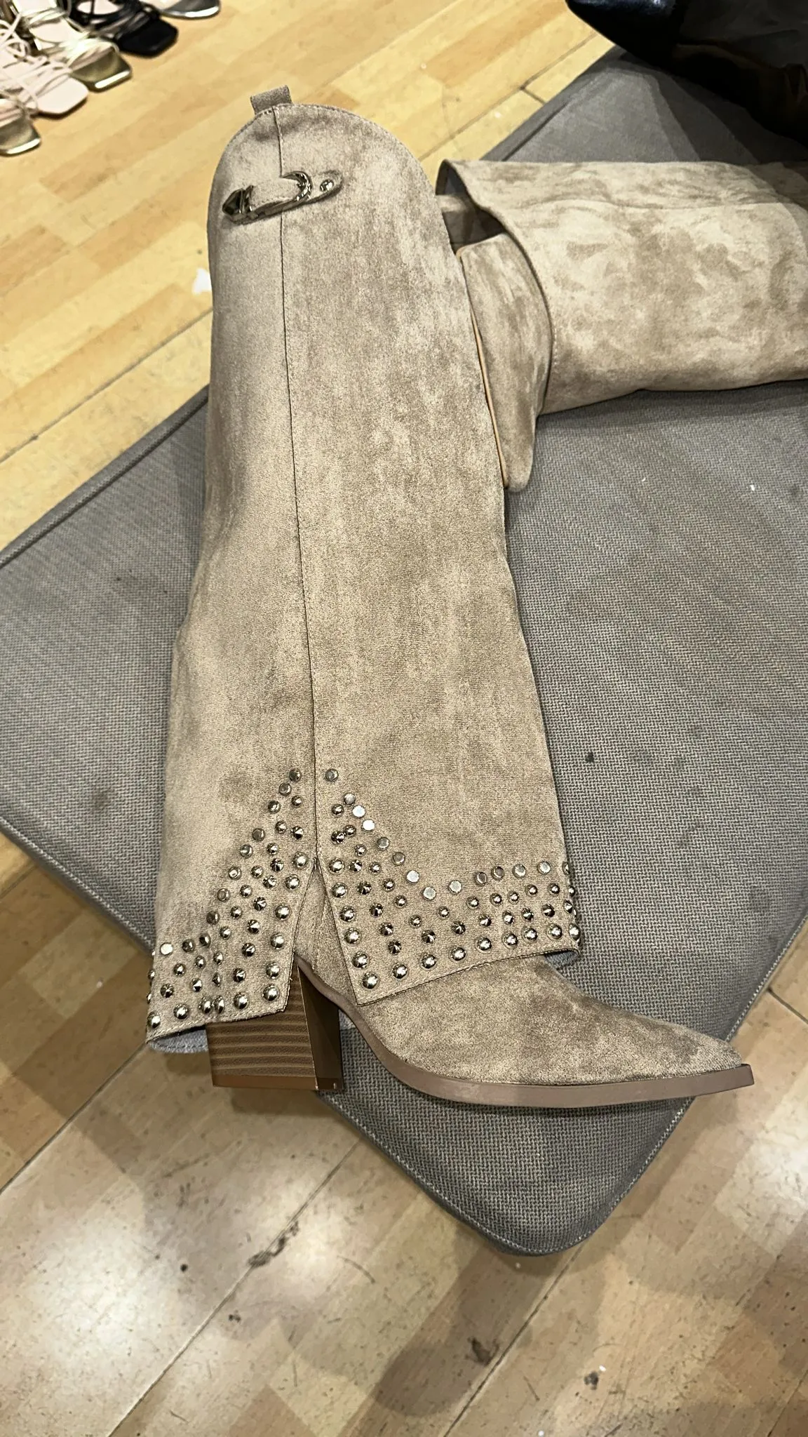 Suede Studded Western Knee-High Boots -Beige